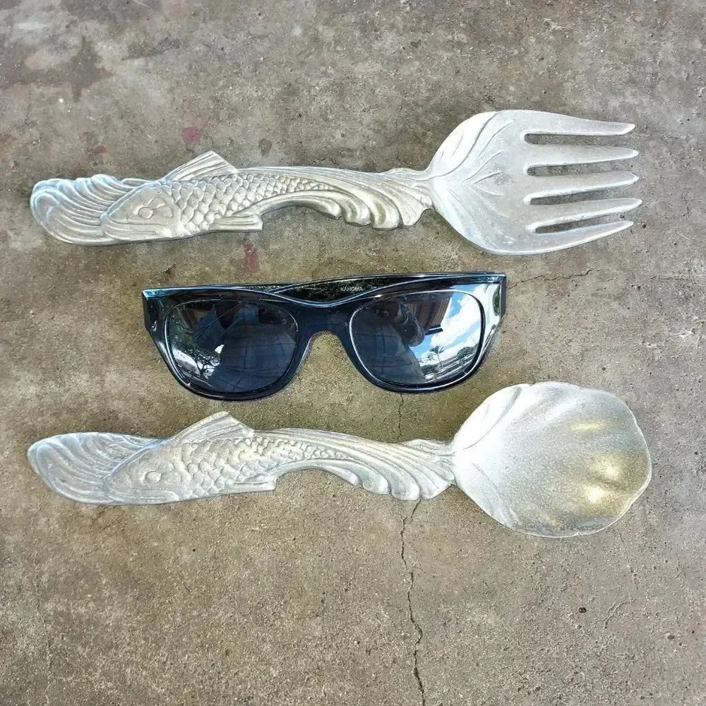 Vintage Pewter Salad Fork and Spoon Fish Handles